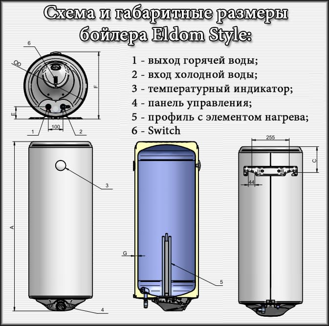 Схема та габаритні розміри бойлера Eldom Style WDG Схема та габаритні розміри бойлера Eldom Style WDG
